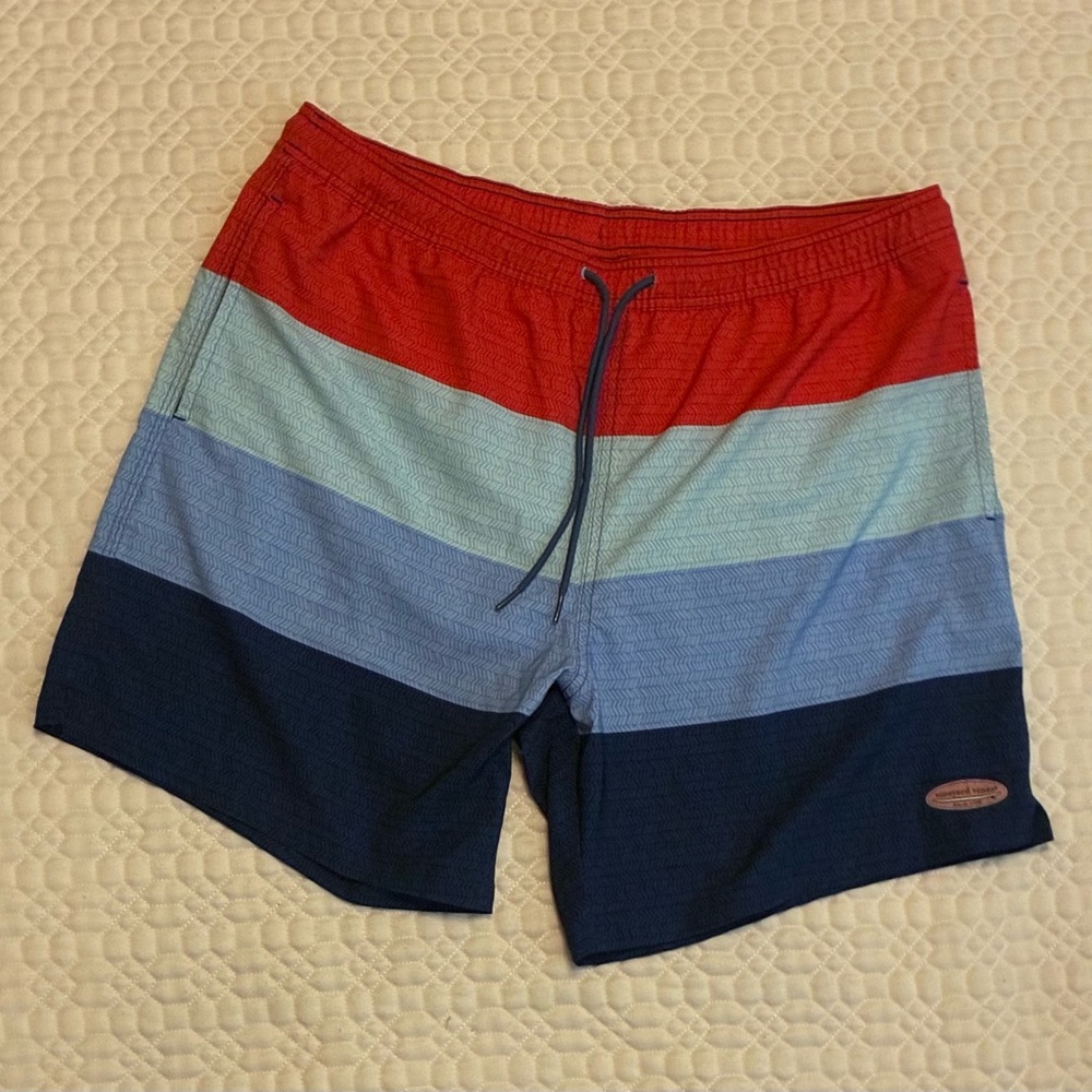 Vineyard Vines Men’s Red, Light Blue & Navy Stripe Swim Trunks